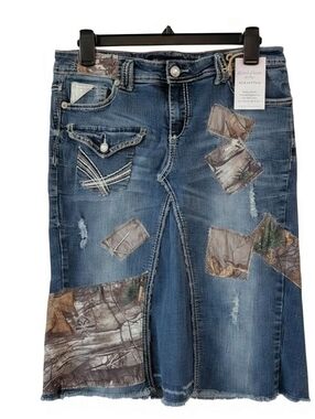 Re-created Denim Skirt/sweater Set with Camouflage Patchwork